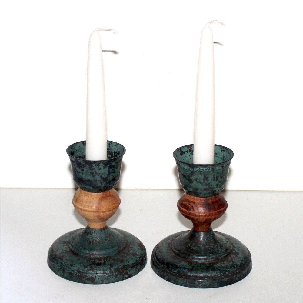 Vintage Pier 1 pair Candle Holder brass wood green house decor boho eclectic